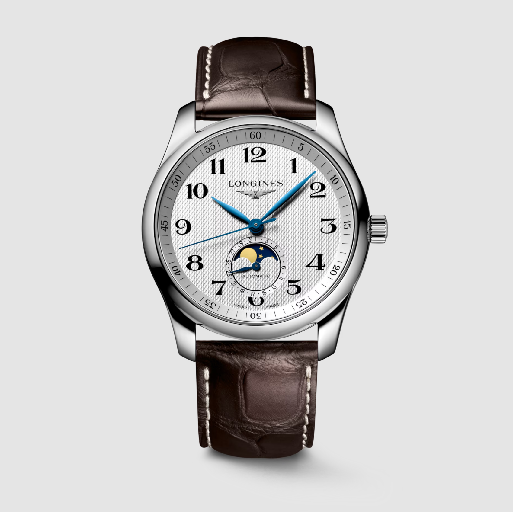 Longines Master Stainless Steel 40mm  Chronograph Moonphase Watch in Silver Barleycorn with Leather Band