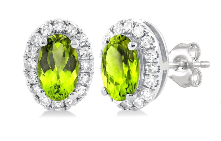 10K WG 5x3mm Oval Peridot & Diamond Halo Studs