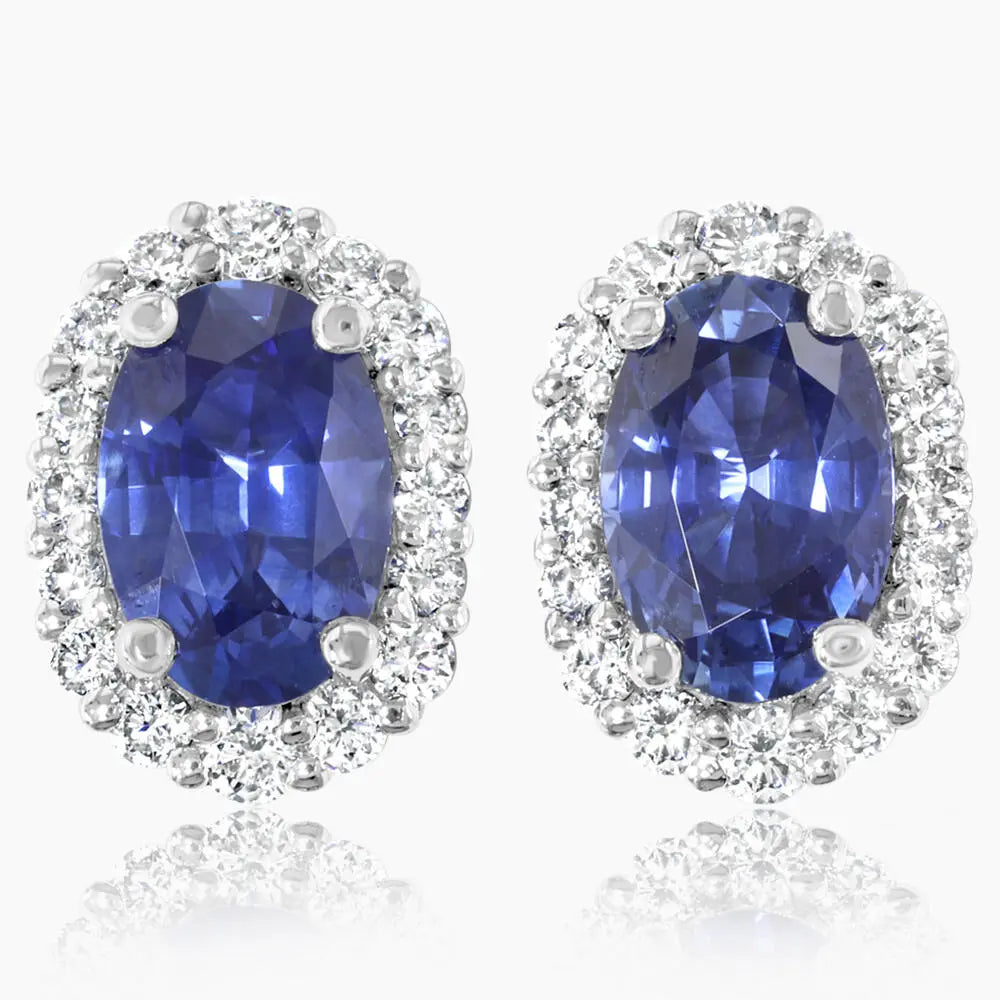 Platinum Oval Sapphire & Diamond Halo Stud Earrings Main image
