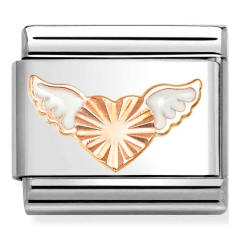 Stainless Steel & 9K Rose Gold Winged Heart with White Enamel