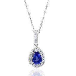 18K WG Pear Sapphire & Diamond Halo Pendant Necklace by Davide Kord