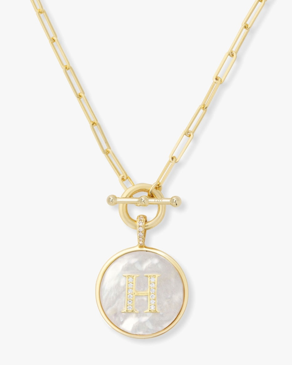 18K Gold Plated "H" Love Letters Medallion Necklace in MOP & White CZ by Melinda Maria