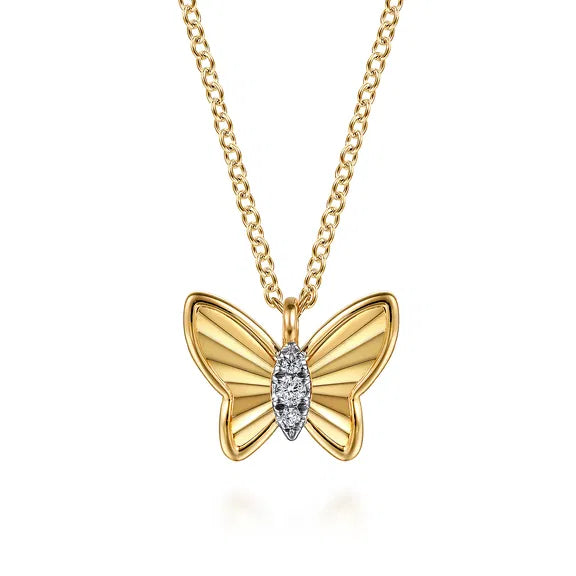 14K YG Butterfly Necklace with D/C Finish & Graduating Diamonds by Gabriel NY