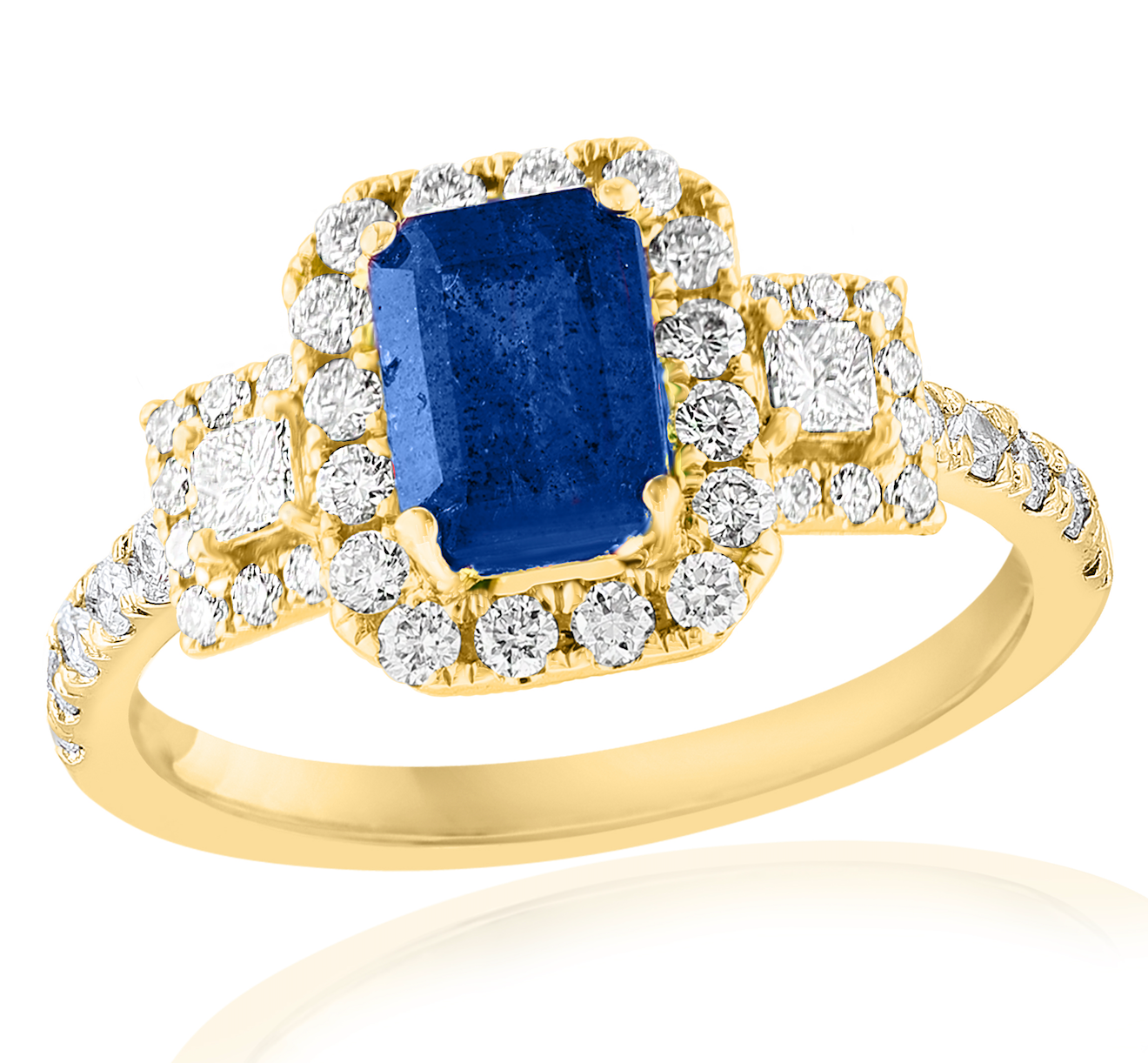 18K YG Emerald Cut Sapphire 3-Stone Diamond Halo Ring Main image