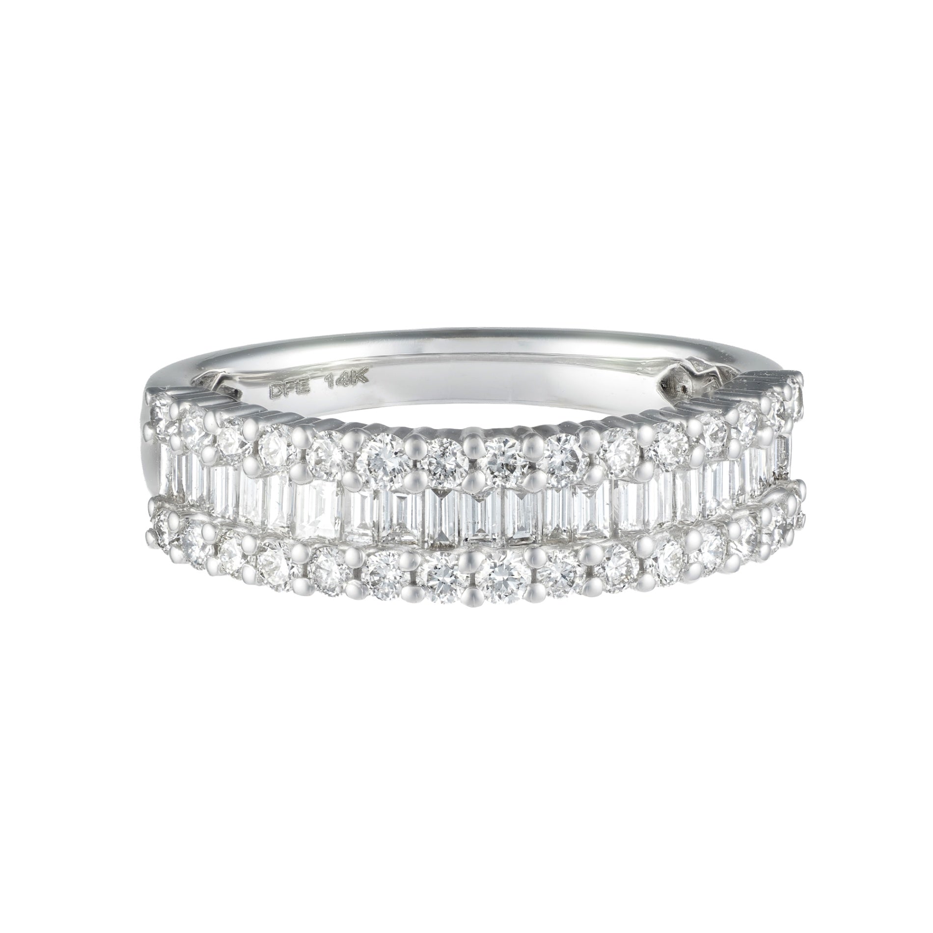 14K White Gold Diamond Baguette & Round Triple Row Anniversary Band