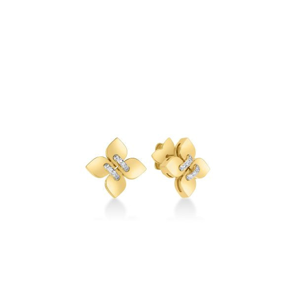 18K YELLOW/WHITE GOLD LOVE IN VERONA SMALL DIAMOND FLOWER STUD EARRINGS BY ROBERTO COIN