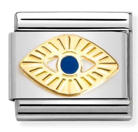 Stainless Steel & 18K Yellow Gold Eye of God Charm with Enamel & Etched Detail