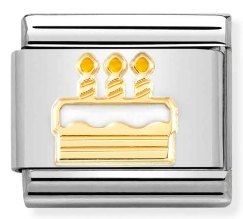 Stainless Steel & 18K Yellow gold Birthday Cake Charm with White Enamel
