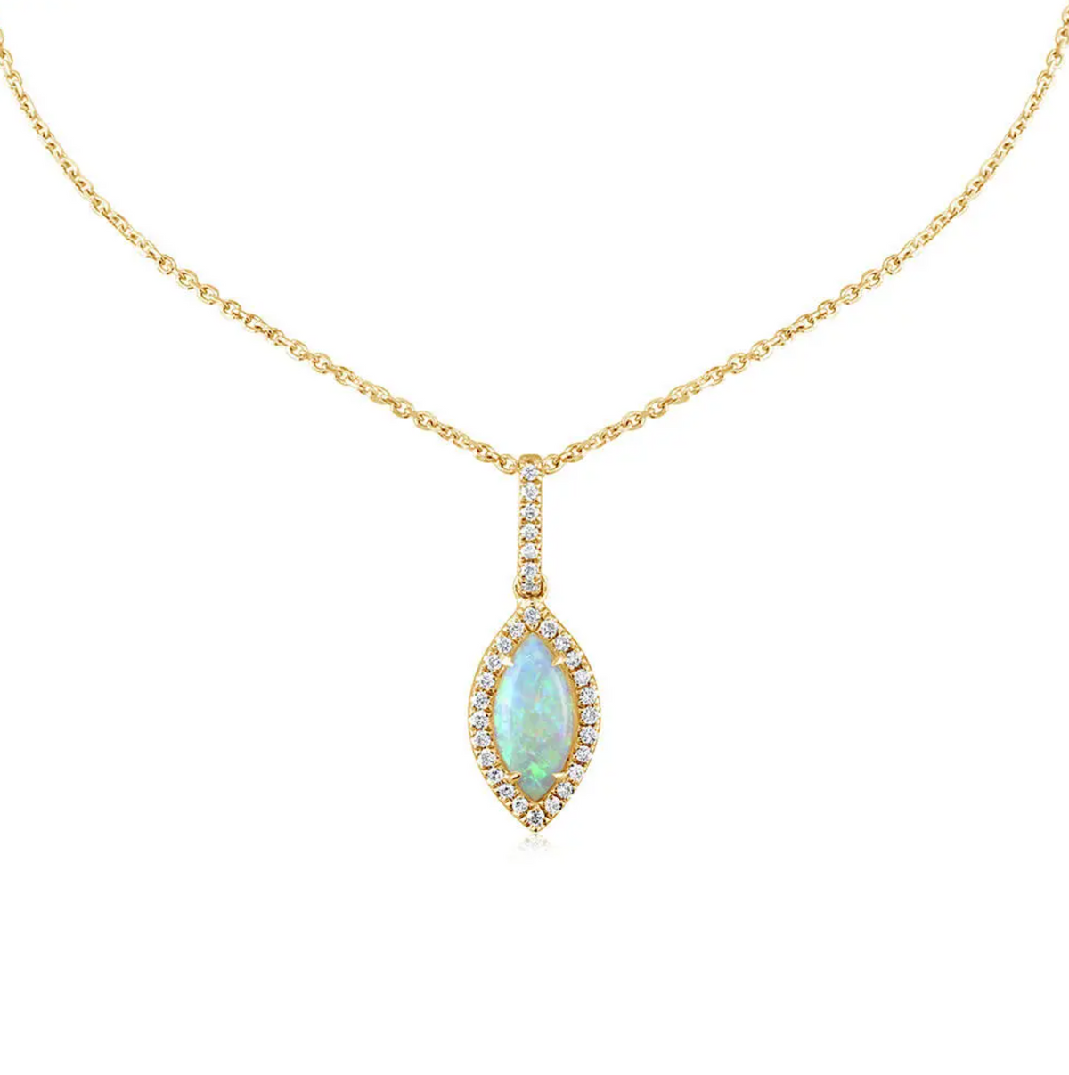 14K Yellow Gold Marquise Shape Australian Opal & Diamond Halo Pendant Necklace