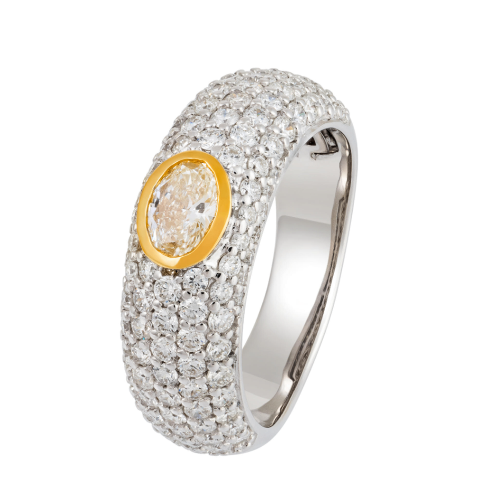 18K Two-Tone Yellow Oval Diamond & Pave Domed Band