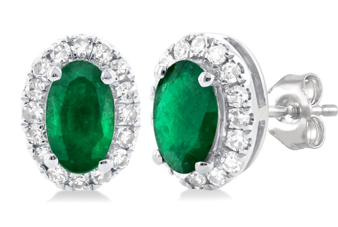 10K WG 5x3 Oval Emerald 1/8cttw Diamond Halo Studs Main image