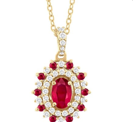 14K YG 6x4 Ruby & Diamond Oval Shape Pendant Necklace