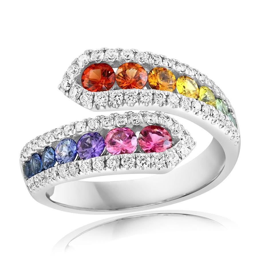 18K WG Rainbow Sapphire & Diamond Outline Wrap Ring by David Kord