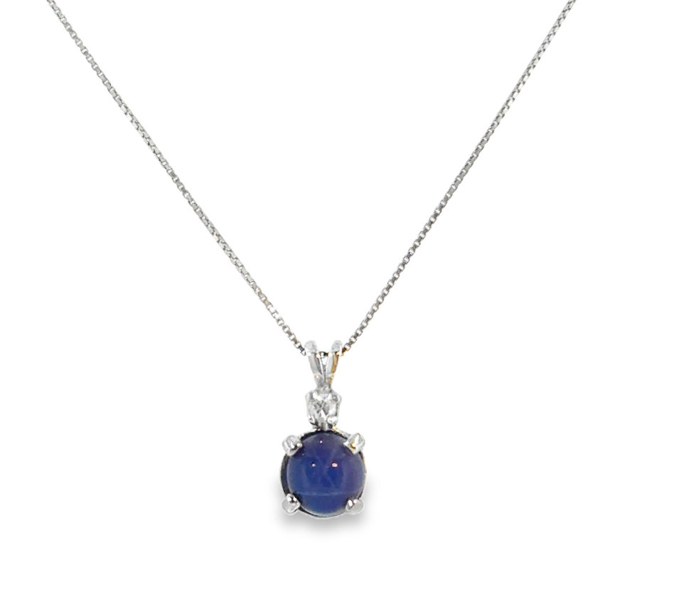 14K White Gold Synthetic Star Sapphire Pendant with Diamond Accent *Estate Item Sold as is, Final Sale* Main image
