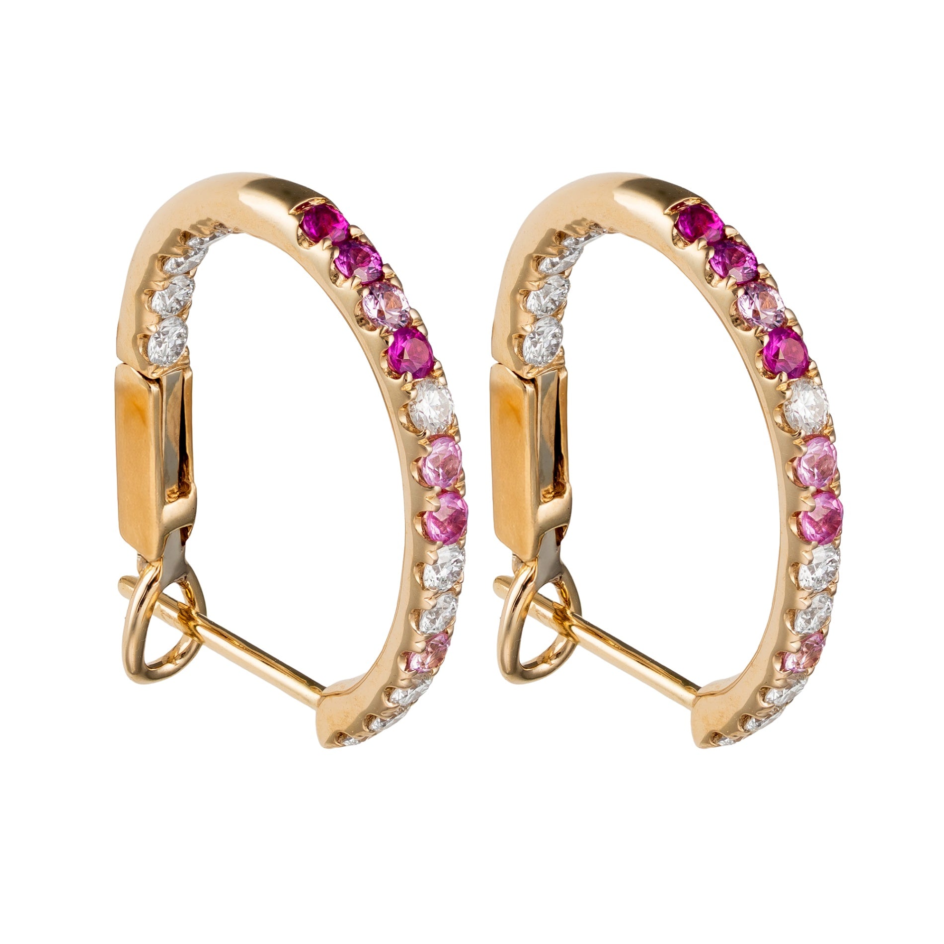 14K Yellow Gold Ombre Pink Sapphire & Diamond Inside Out Hoops by David Kord