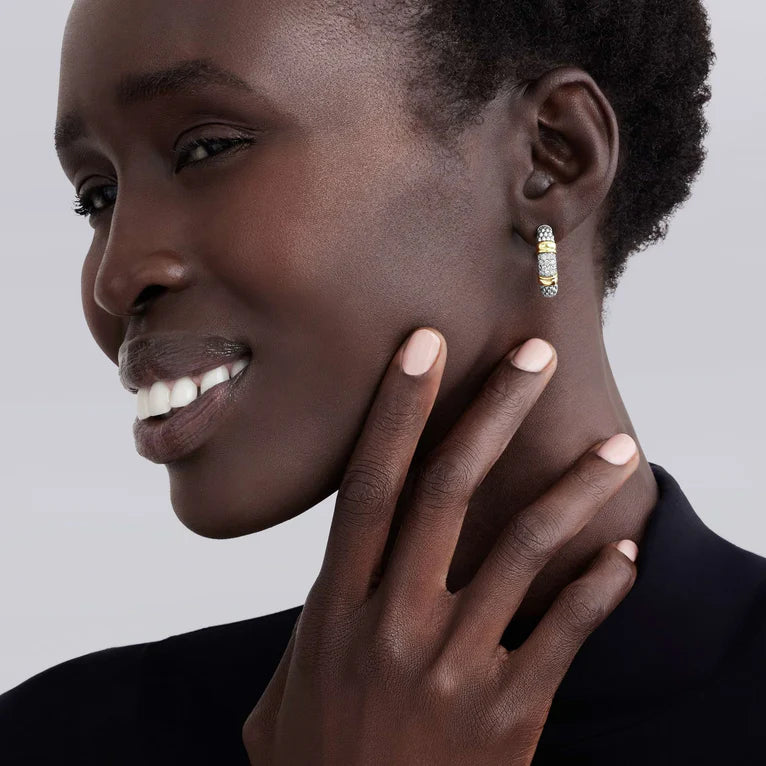 SS/18K YG Signature Caviar Diamond J-Hoop Earrings by LAGOS