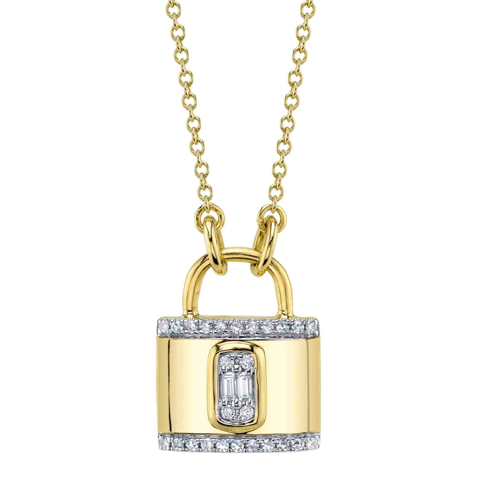 14K YG Diamond Baguette Lock Pendant Necklace by Shy Creation Main image