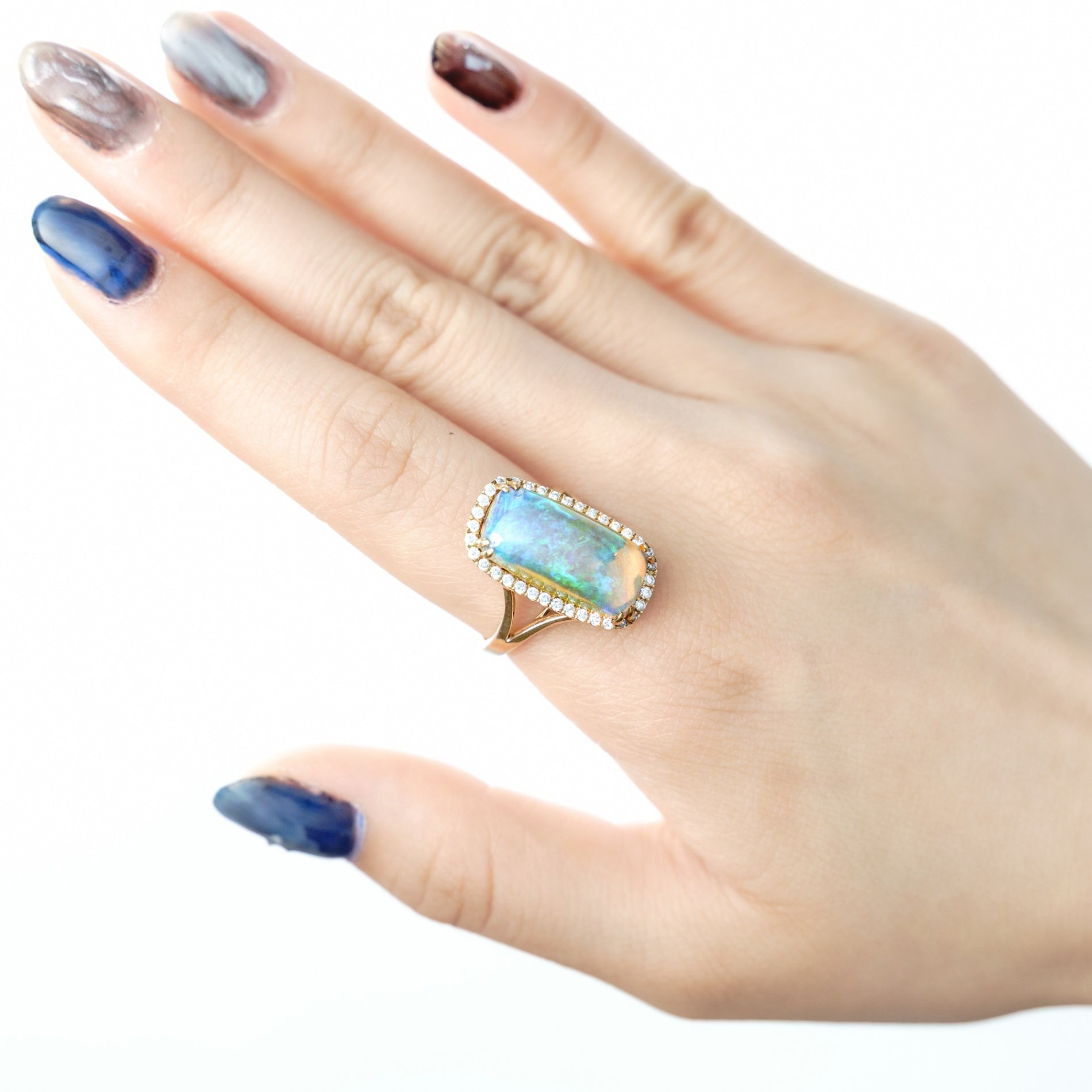 14K YG Cushion Opal & Diamond Halo Split Shank Ring by David Kord