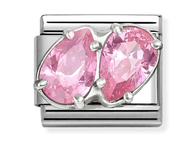 Stainless Steel & Sterling Silver Pink CZ Double Drop Charm