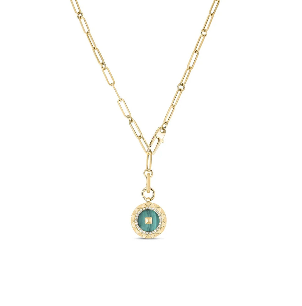 18K Yellow Gold Large Obelisco Diamond & Malachite Medallion Necklace by Roberto Coin