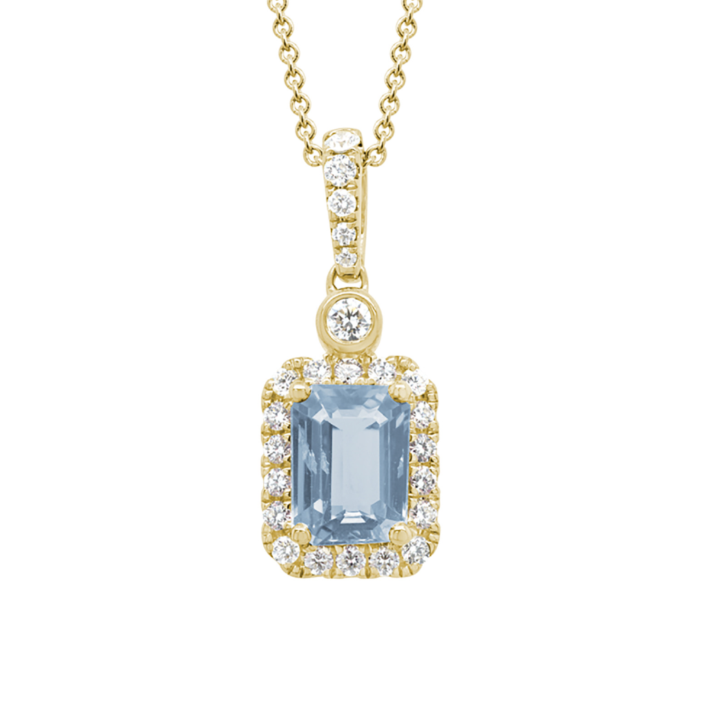 14K Yellow Gold Aquamarine & Diamond Halo Pendant Necklace Main image