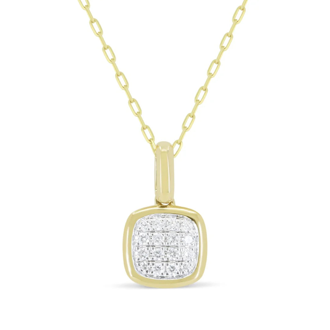 14K YG Pave Diamond Cushion Shape Gold Frame Pendant Necklace