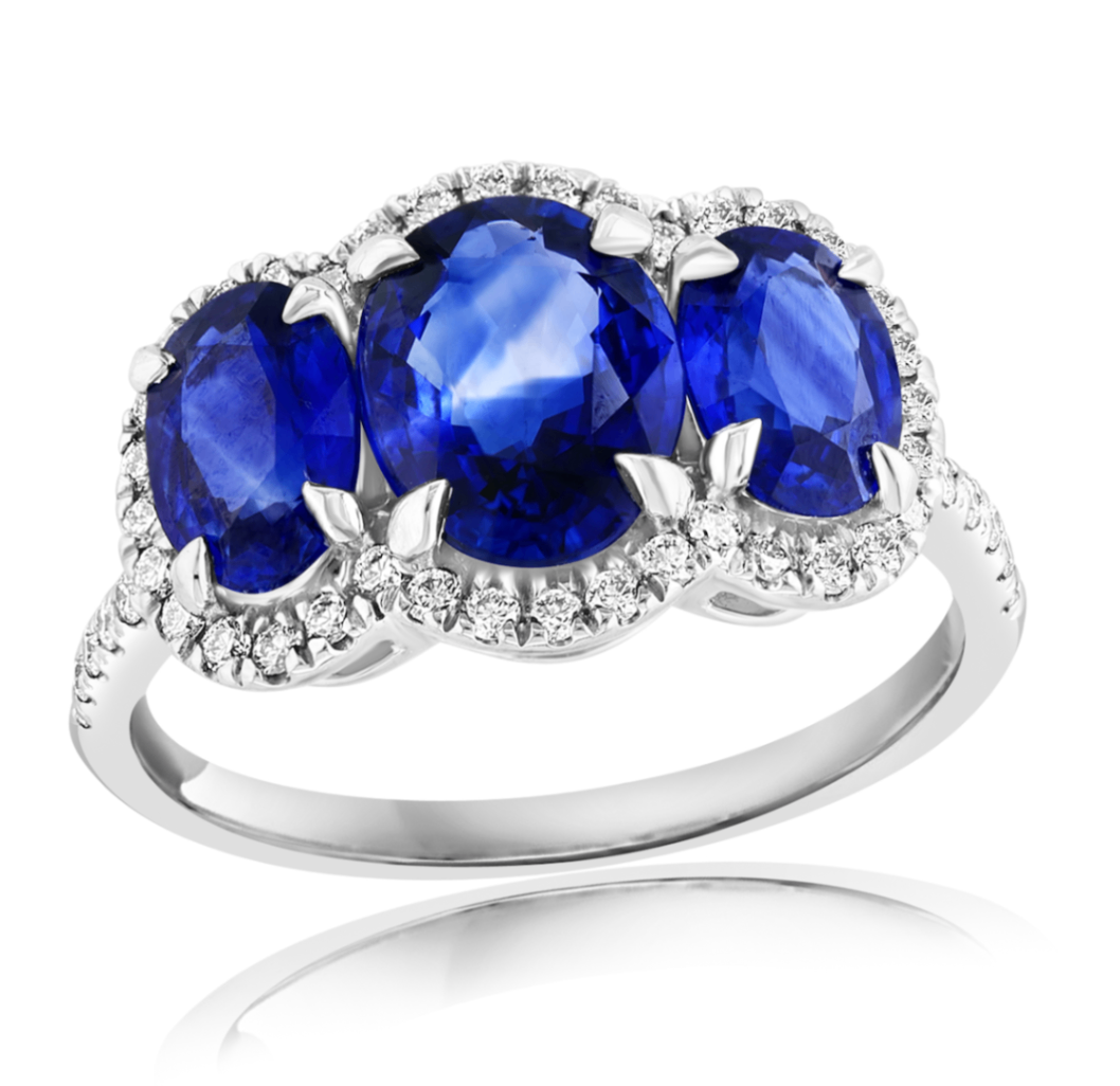 Platinum Sapphire 3-Stone Ring with Diamond Halo Secondary image