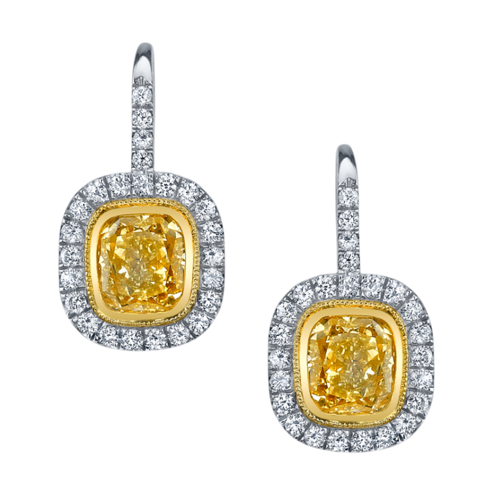 18K Two-Tone Yellow Diamond Cushion Halo Drop Earrings by Joshua J Main image