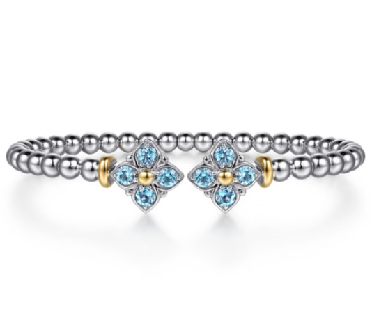 Sterling Silver & 14K YG Blue Topaz Clover Open Bujukan Bangle by Gabriel NY