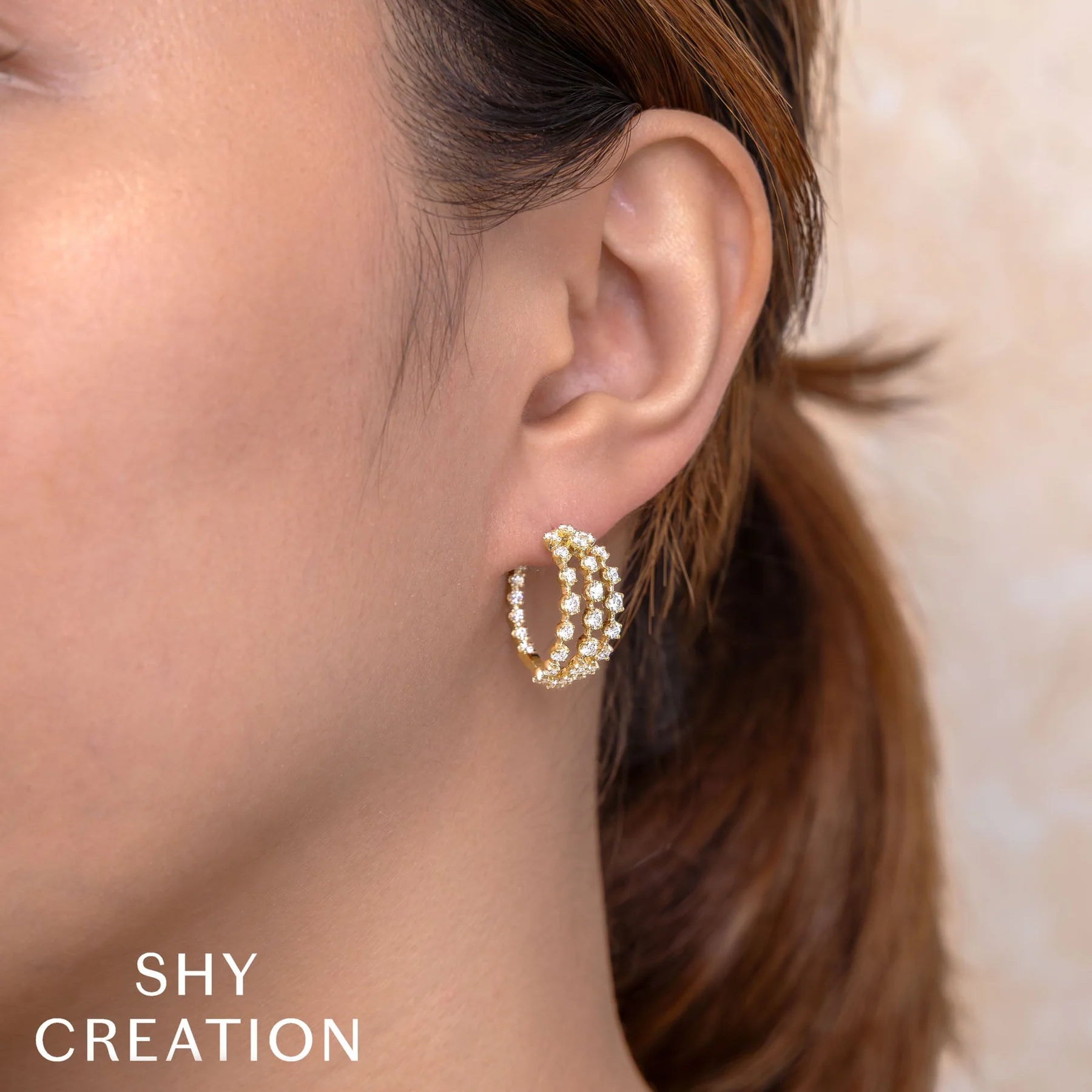 14K YG Three Row 1/2cttw Diamond Crown Set Hoops