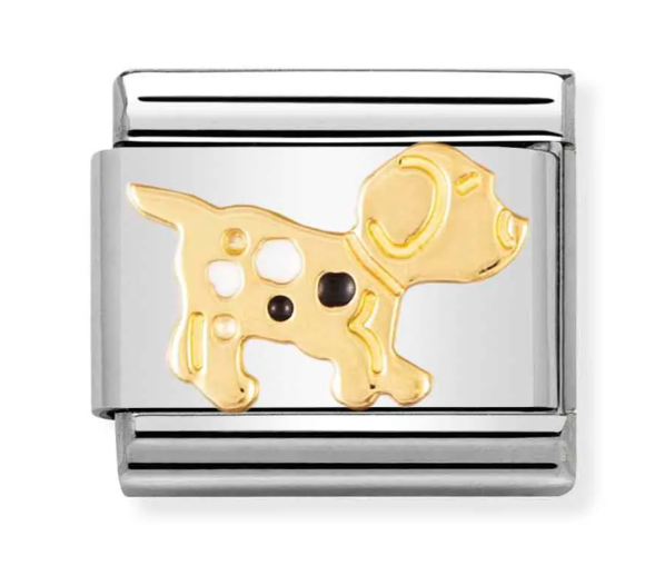 Stainless Steel & 18K Yellow Gold Dog Charm with Black & White Enamel Spots