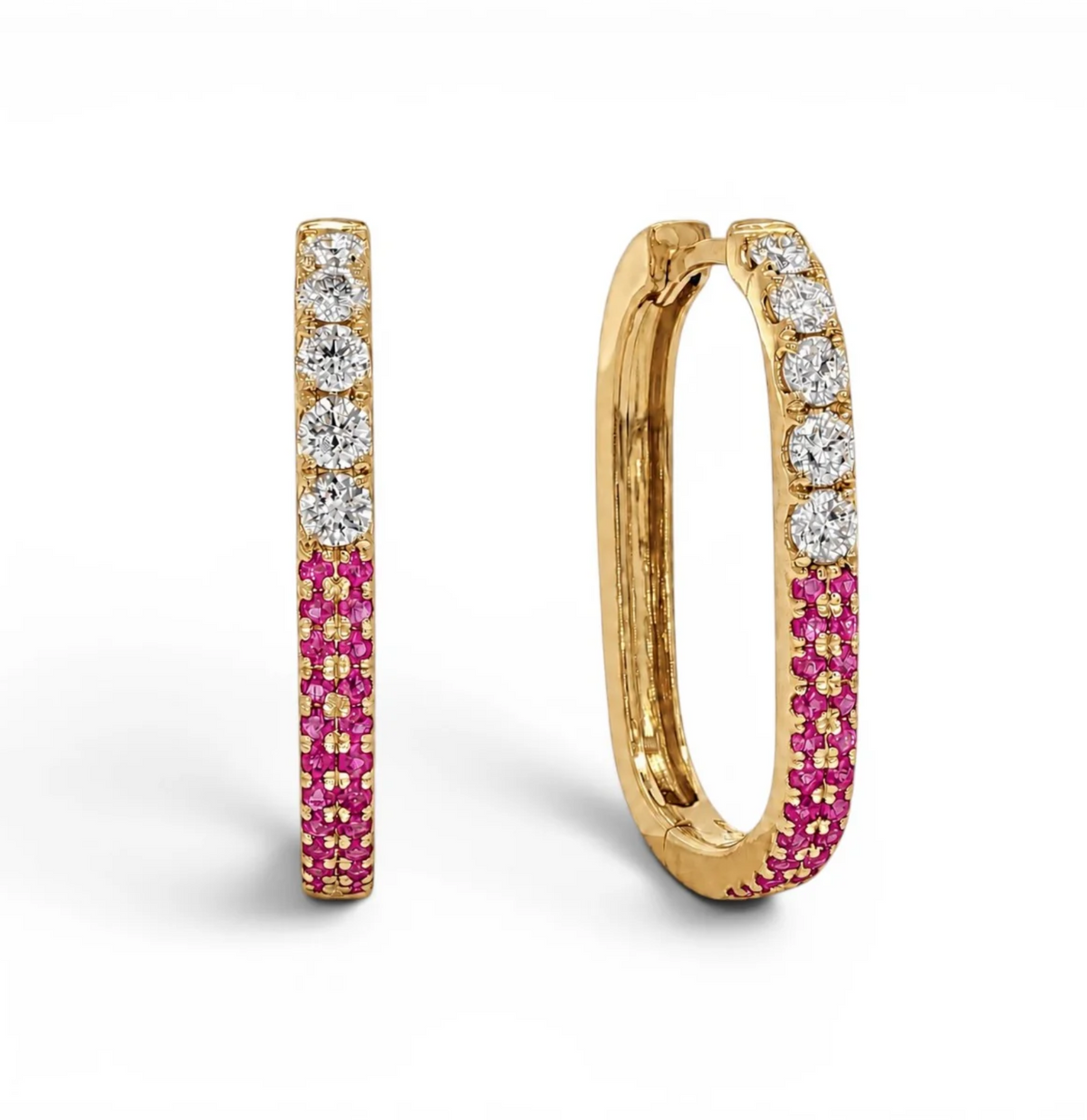 14K Yellow Gold Diamond & Pink Sapphire Hoops Main image