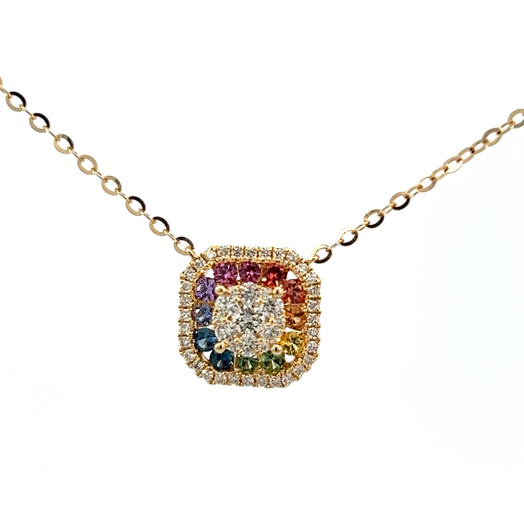 18K Yellow Gold Rainbow Sapphire & Diamond Halo Cushion Shape Pendant Necklace