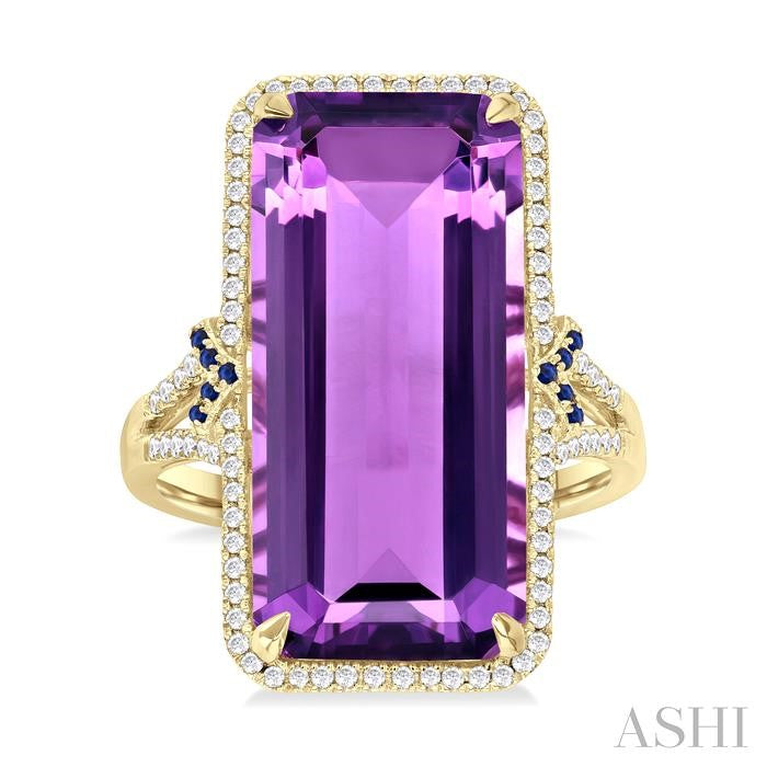 14K YG Emerald Cut Amethyst Ring with Diamond & Sapphire Halo Main image
