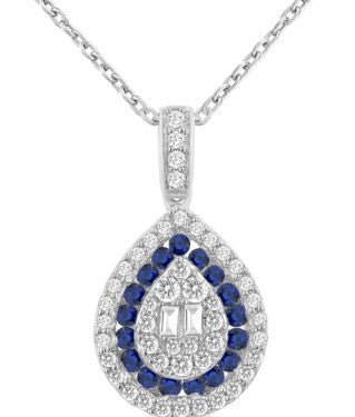 14K WG Sapphire & Diamond Cluster Pear Shape Pendant Necklace