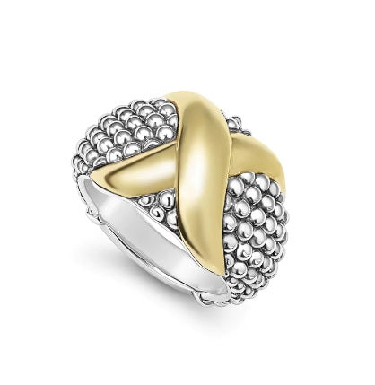 SS/18k Embrace Wide Dome X Ring Size 7 by Lagos