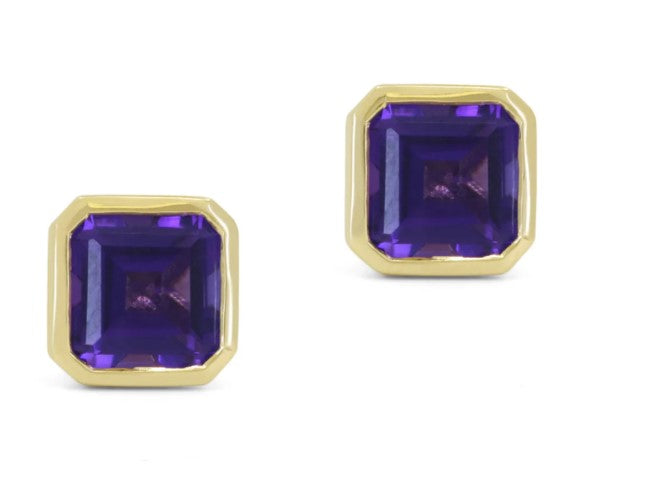 14K YG Asscher Amethyst Bezel Studs by Madison L Main image