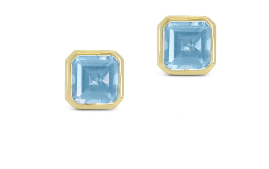 14K YG Blue Topaz Asscher Bezel Stud Earrings Main image