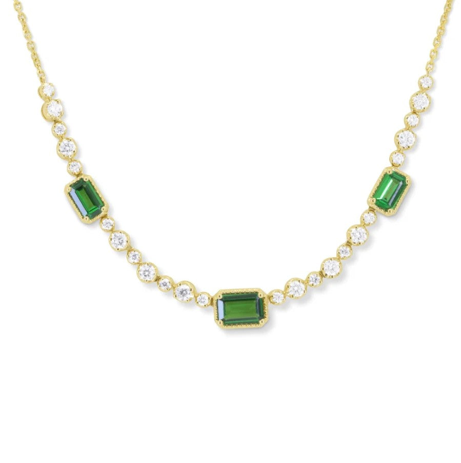 14K YG Green Garnet & Diamond Three Station Necklace