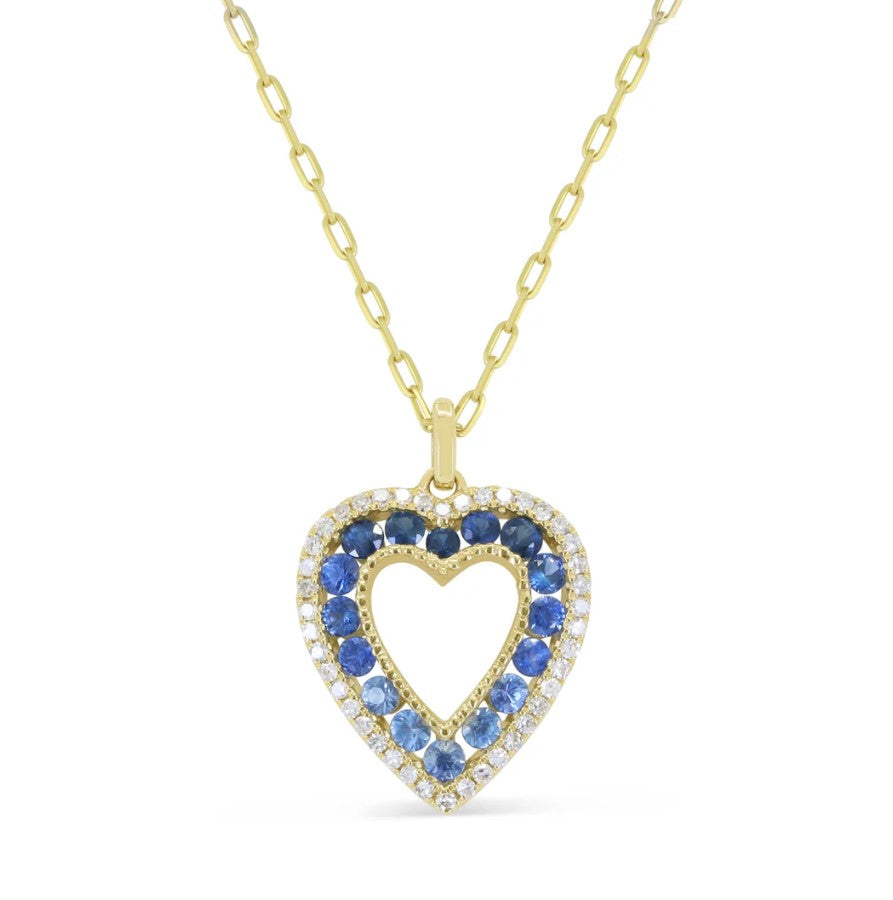 14K YG .48cttw Blue Sapp & .12cttw Dia Heart Pendant Necklace

16 Round Blue Sapphires = .48cttw
42 Round Diamonds = .12cttw Main image