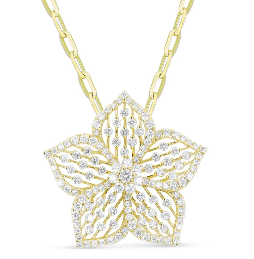14K YG  Diamond Flower Pendant on Paperclip Chain Necklace