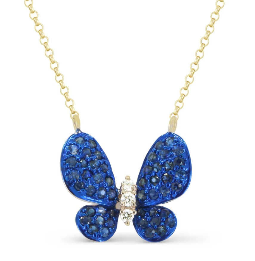 14K YG Blue Sapphire & Diamond Blue Rhodium Plated Butterfly Pendant Necklace Main image