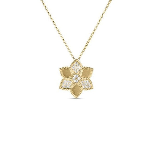 18K YG .22cttw Dia Vernazza Alternating Pave & Satin Finish Flower Necklace by Roberto Coin Main image