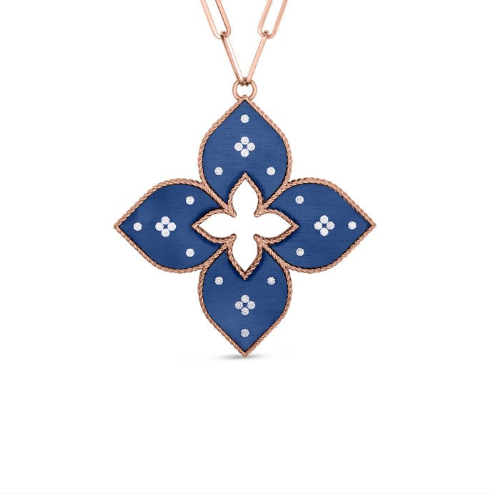 18K RG .37cttw Dia & Blue Titanium XL Venetian Princess Medallion Necklace, 33" Main image