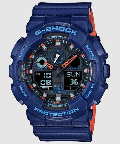 Casio G-Shock Analog-Digital in Bi-Color Blue & Orange

Case size: 55 × 51.2 × 16.9 mm
Case and bezel material: resin
Band: resin 
Water Resistance: 200M
Power supply and battery life: Approx. battery life: 2 years on CR1220
Function: Shock Resista Main image