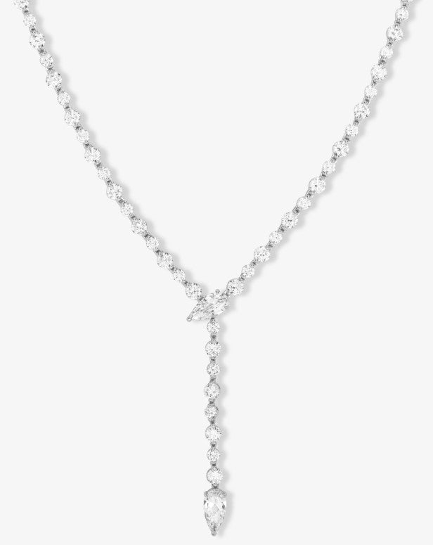 Silver Plated She's Arrived Lariat Tennis Necklace in White Diamondettes by Melinda Maria, 16"