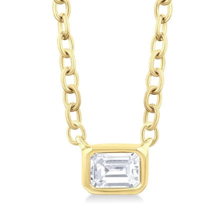 10K YG 1/6ct Emerald Cut Diamond Petite Bezel Pendant Necklace