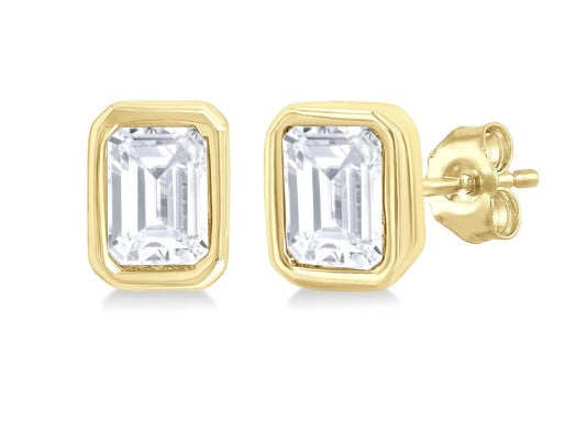 10K YG 1/5cttw Emerald Cut Diamond Petite Bezel Stud Earrings