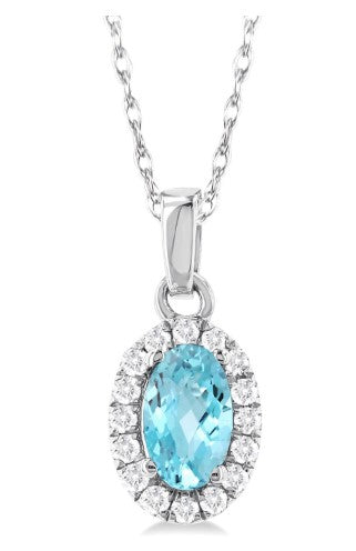 10K WG Petite 5x3mm Oval Aqua & Diamond Halo Pendant Necklace Main image
