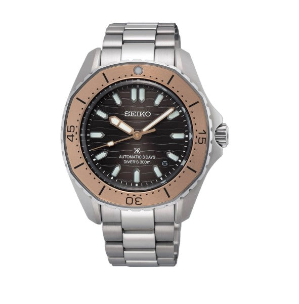 Seiko Prospex Luxe Diver SS/PGP Automatic Gray Dial

Gray Dial with Brushed Copper Stainless Steel Bezel
Size: 41mm
Waterproof: 300M
"Polygonal Bezel"
Power Reserve: 72hours Main image